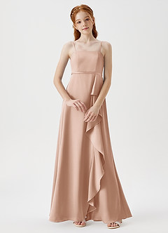 Azazie Kaylee Junior English Rose A-Line with Belt Stretch Satin Dress image1
