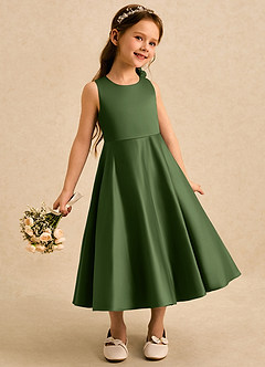 Azazie Kay Flower Girl Dresses Olive A-Line Pleated Matte Satin Dress image1