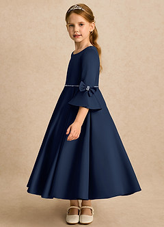 Azazie Eliza Flower Girl Dresses Dark Navy A-Line Pleated Matte Satin Dress image5