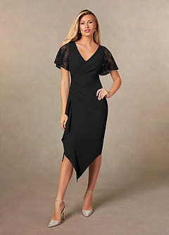 Azazie Eloise Mother of the Bride Dresses Black Sheath Pleated Stretch Crepe Dress image1