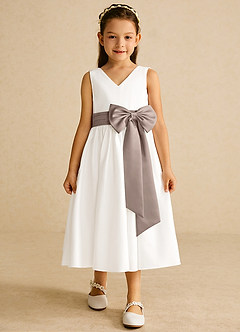 Azazie Darling Flower Girl Dresses Ivory Taupe A-Line Bow Cotton Dress image4