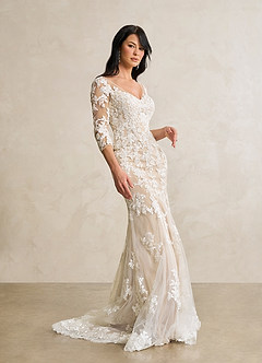 Azazie Neela Wedding Dresses Diamond White Sand Mermaid V-Neck Lace Tulle Dress image3