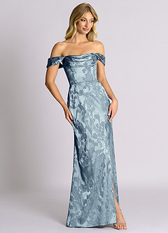 Azazie Saige 신부 들러리 드레스 인어 오프 더 숄더 자카드 바닥 길이 드레스 image5