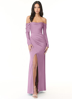 Azazie Hallie Bridesmaid Dresses Wisteria Sheath Off-The-Shoulder Long Sleeve Stretch Satin Convertible Dress image4