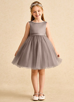 Azazie Jani Flower Girl Dresses Taupe A-Line Bow Tulle Dress image4