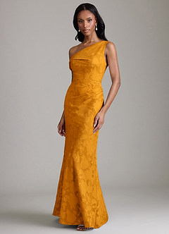 Azazie Emerson Abiti da Damigella Abito Sirena in Burnout Floreale a Spalla Scoperta Caramello image5