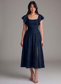 Azazie Bondi Bridesmaid Dresses Dark Navy A-Line Ruched Floral Burnout Dress image4