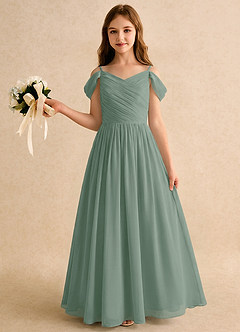 Azazie Chelo Girls Formal Abiti da Ragazza di Fiori Abito A-Line in Chiffon Plissettato Salvia Argentata image3