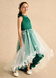 Azazie Cerra Flower Girl Dresses Emerald A-Line Pleated Tulle Dress image3