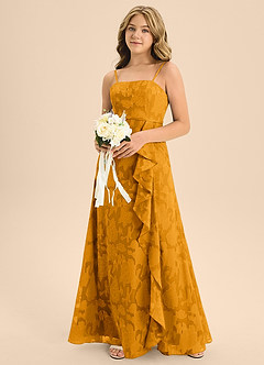 Azazie Kaylee Junior Butterscotch A-Line with Belt Floral Burnout Dress image6
