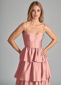 Azazie Faye Robes de demoiselle d'honneur Robe Trapèze en Satin extensible Rayé Rosette image2