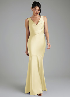 Azazie Monica At-home Try On Dresses Lemon Sorbet Mermaid Pleated Stretch Satin Dress image5