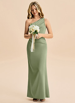 Azazie Akilah Junior Pistachio Sheath Pleated Stretch Satin Dress image4