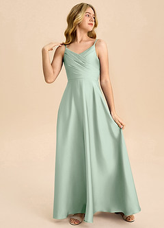 Azazie Bug Junior A-Line Plisseret Stræk satin Gulv-længde Junior brudepige Kjole image4