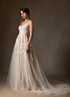 Azazie Sorella Hochzeitskleider A-Linie V-Hals Pailletten Tüll Kleid Diamantweiß Nude image3