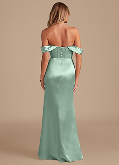 Azazie Asha Bridesmaid Dresses Agave Sheath Off the Shoulder Metallic Satin Dress image7