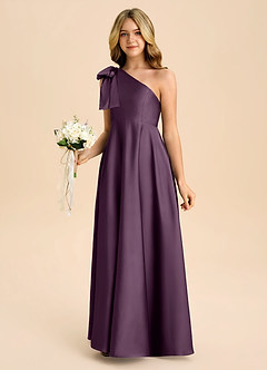 Azazie Penguin Junior Plum A-Line Bow Stretch Satin Dress image5