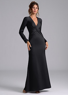 Azazie Valerie Bridesmaid Dresses Black Mermaid Long Sleeve Stretch Satin Dress image1