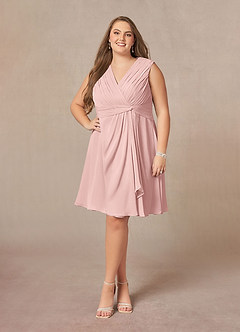 Azazie Theron Mère de la mariée Robes Robe Trapèze en Mousseline de soie Col V plissé Rose Poudré image6