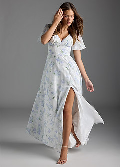 Azazie Kimber Bridesmaid Dresses Blue Vintage Floral A-Line Flounce Sleeve Chiffon Dress image3