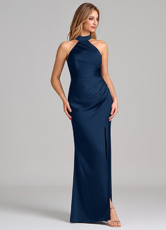Azazie Karlotta Bridesmaid Dresses Dark Navy Sheath Pleated Stretch Satin Dress image5