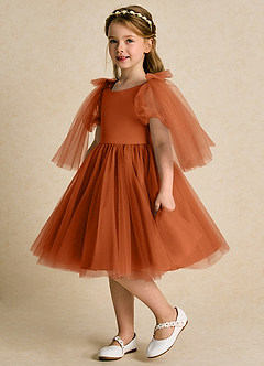 Azazie Duchess Robe Demoiselle D'honneur Fillette Robe Trapèze en Tulle avec manches Orange Brûlée image1