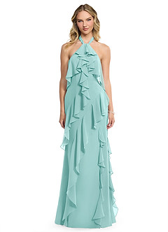 Azazie Velma Bridesmaid Dresses Aqua A-Line Side Slit Chiffon Dress image1