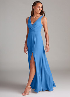 Azazie Nelly Robes de demoiselle d'honneur Robe Trapèze en Mousseline de soie Plissée Geai Bleu image4