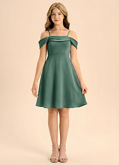 Azazie Anselie Junior Eucalyptus A-Line Pleated Stretch Satin Dress image3