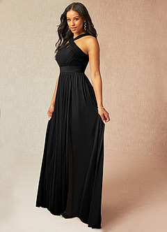 Azazie Hillian Bridesmaid Dresses Black A-Line Halter Pleated Mesh Dress image3