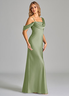 Azazie Celina Bridesmaid Dresses Dusty Sage Sheath Off the Shoulder Stretch Satin Dress image4