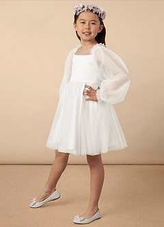 Azazie Aya Flower Girl Dresses Ivory A-Line with Sleeves Tulle Dress image2