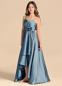 Azazie Catalina Junior Jurk van Stretch Satijn met A-Lijn Sweetheart Halslijn Stoffig Blauw image6