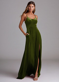 Azazie Moira Bridesmaid Dresses Olive A-Line with Pockets Velvet Dress image1