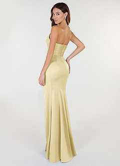 Azazie Yola Vestidos de damas de honor Vestido de Sorbete De Limón de Satén Elástico de Corte Recto Convertible con Cuello en V Plisado image4