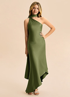 Azazie Briony Junior Etui Plissee Stretch-Satin Kleid Olivgrün image3