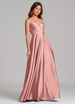 Azazie Amani Bridesmaid Dresses Rosette A-Line Pleated Stretch Satin Dress image1