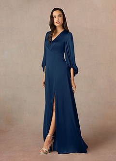 Azazie Luna Mother of the Bride Dresses Dark Navy A-Line Pleated Stretch Satin Dress image8