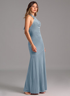 Azazie Drita Bridesmaid Dresses Dusty Blue A-Line Pleated Velvet Dress image3