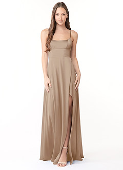 Azazie Halsey Bridesmaid Dresses Taupe Sheath Side Slit Stretch Satin Dress image1