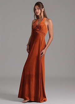 Azazie Tessie Vestidos de damas de honor Vestido de Naranja Quemada de terciopelo de Corte en A con Plisado image5