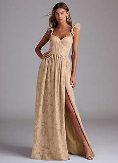 Azazie Denisse Bridesmaid Dresses Champagne A-Line Ruched Floral Burnout Dress image1