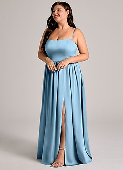 Azazie Calianna Robes de demoiselle d'honneur Robe Trapèze Convertible en Satin extensible Épaule décolletée Acier Bleuté image10