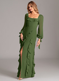 Azazie Candice Bridesmaid Dresses Olive A-Line Long Sleeve Chiffon Dress image3