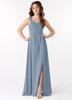 Azazie Evie Junior Dusty Blue A-Line Pleated Chiffon Dress image1