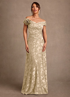 Azazie Bernadette Final Sale Champagne A-Line Off the Shoulder Floral Burnout Dress image1