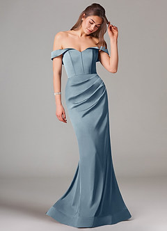 Azazie Everly Bridesmaid Dresses Dusty Blue Mermaid Off the Shoulder Stretch Satin Convertible Dress image6