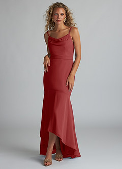Azazie Summer Bridesmaid Dresses Rust Mermaid Scoop Cowl Chiffon Dress image1
