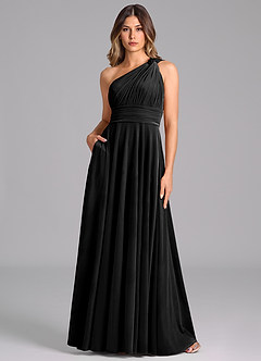 Azazie Charlize At-home Try On Dresses Black A-Line One Shoulder Velvet Dress image1