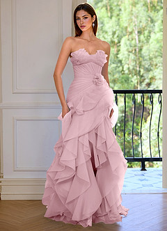 Aurelia Rosa A-Linien-Abendkleid mit floralem Herzausschnitt, Rüschen und asymmetrischem Schnitt image5